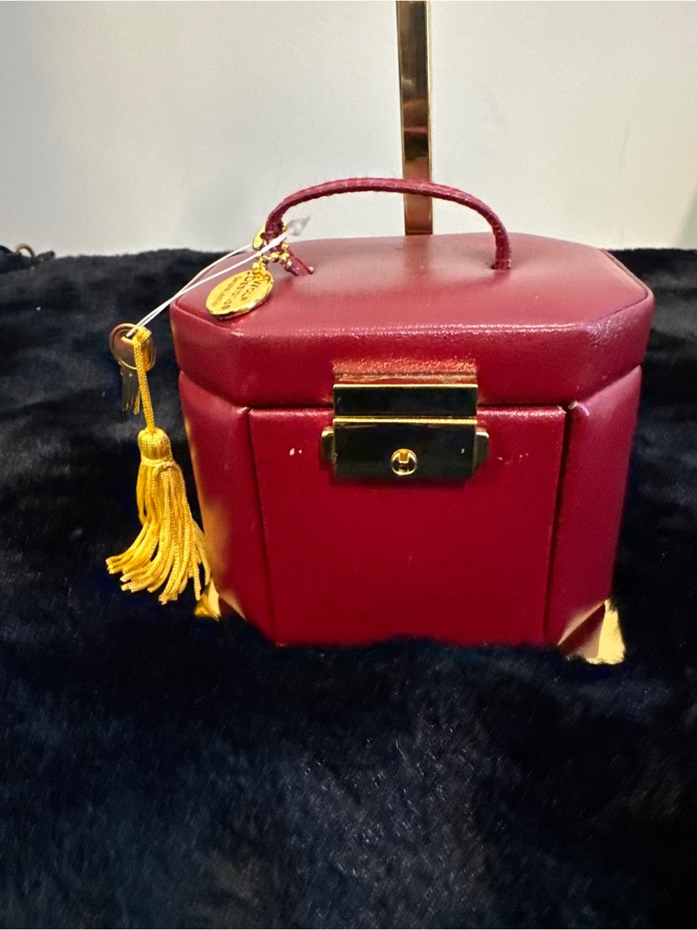 1997 Vintage Wolf Designs Red Mini Jewelry Case with Gold Hardware, Key, &Tassel